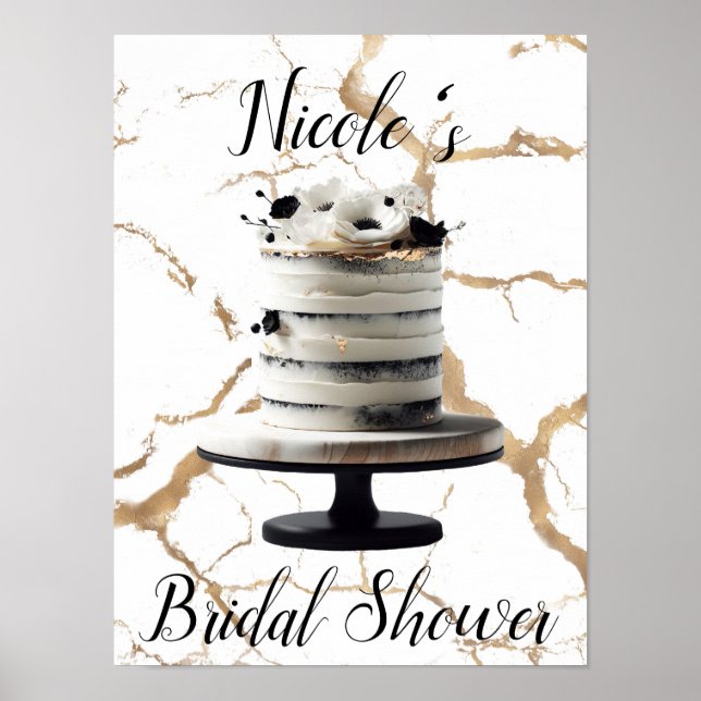 Poster Bolo Floral Preto e Branco Dourado em Camadas Chá  (Frente)