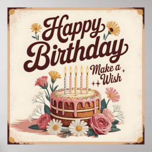 Poster Bolo Floral Vintage "Feliz Aniversário - Faça um D