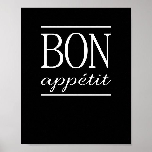 Póster Bom apetite Citação de jantar na cozinha preta (Frente)