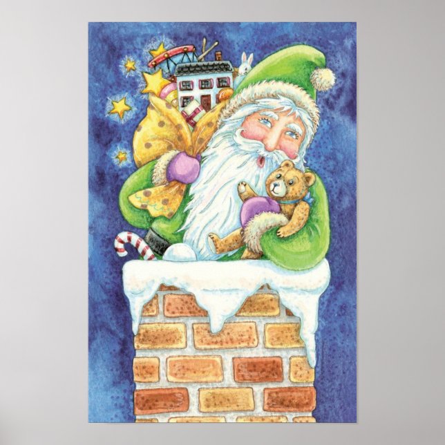 Póster Bom Natal, Papai Noel em Chaminé com Brinquedos (Frente)