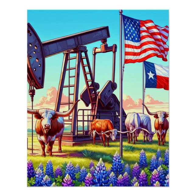Póster Bomba de petróleo e gado Longhorn no Texas (Frente)