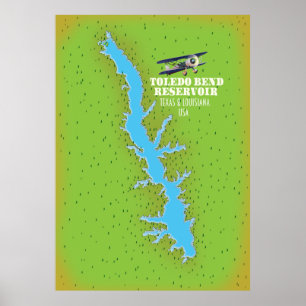 Poster Bomba Toledo Bend Mapa do Texas e Louisiana