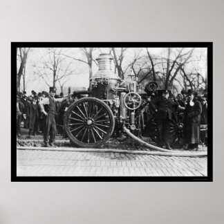 Póster Bombeiros e seu motor de incêndio 1910