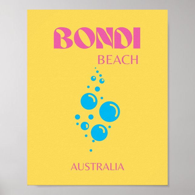 Poster Bondi Beach, Viagem Art, Preppy, Amarelo, rosa (Frente)