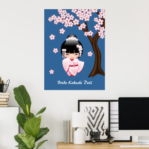 Póster Boneca branca de Kokeshi do quimono - menina de