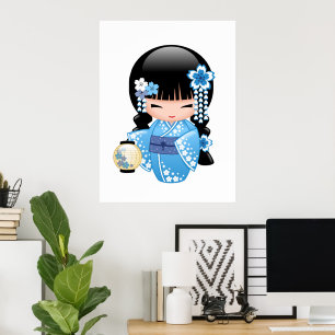 Póster Boneca de inverno Kokeshi - Garota Geisha Blue Mou