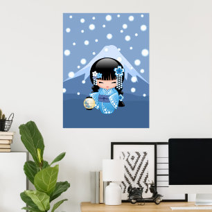 Póster Boneca de Kokeshi do inverno - menina de gueixa