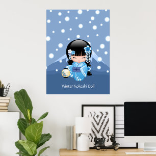 Poster Boneca de Kokeshi do inverno - menina de gueixa