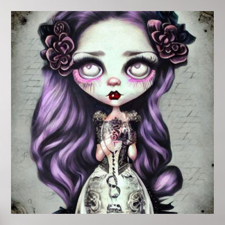 Poster Boneca de Vintagem de Cabelo Roxo