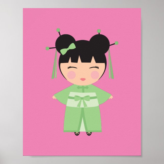 Poster Boneca Japonesa de Kimono Verde   (Frente)