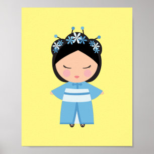 Poster Boneca Japonesa Kimono Azul  