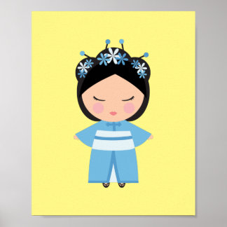 Poster Boneca Japonesa Quimono Azul  