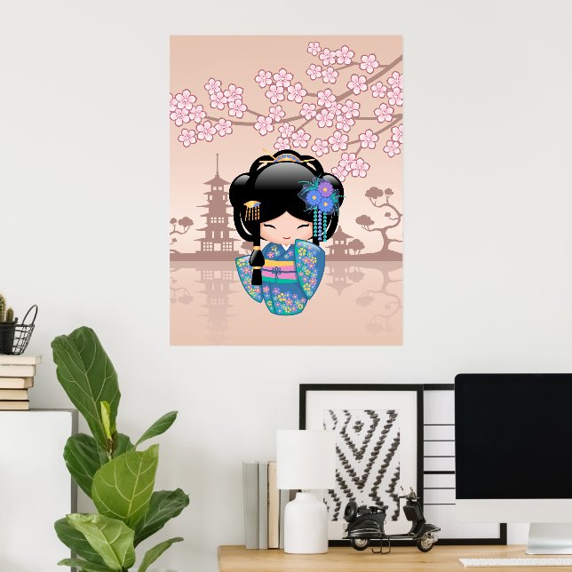 Poster Boneca Keiko Kokeshi - Rapariga Kimono Geisha Azul (Escritório em casa)