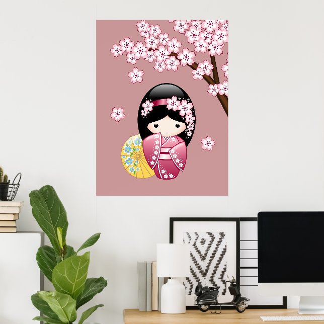 Póster Boneca Kokeshi da Primavera - Geisha Japonesa Fofa (Escritório em casa)