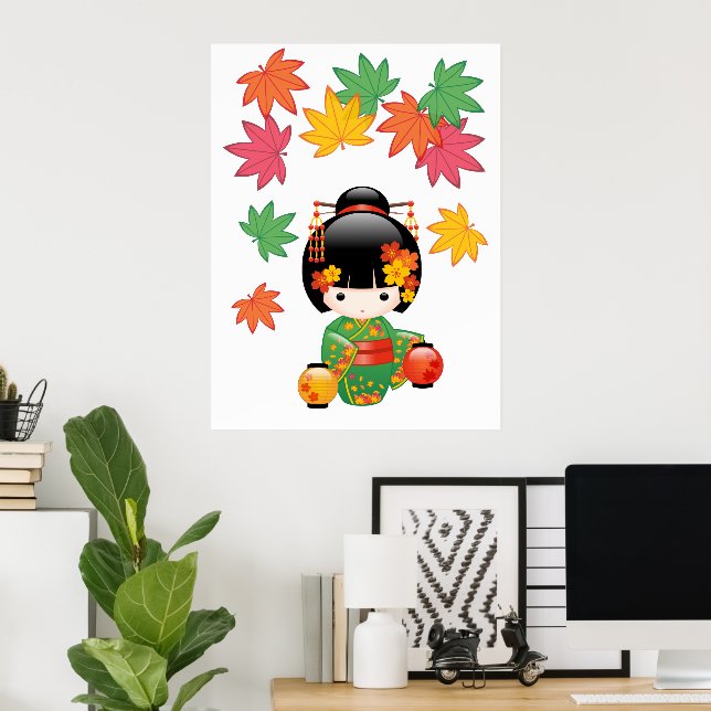 Póster Boneca Kokeshi de Outono - Garota Geisha com Quimo (Escritório em casa)