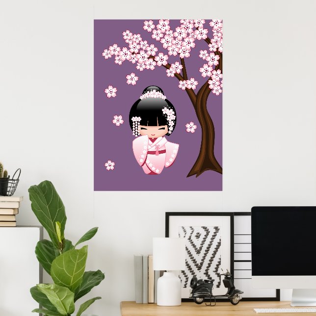 Póster Boneca Kokeshi de Quimono Branco - Garota Geisha F (Escritório em casa)