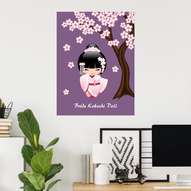 Póster Boneca Kokeshi de Quimono Branco - Garota Geisha F (Escritório em casa)