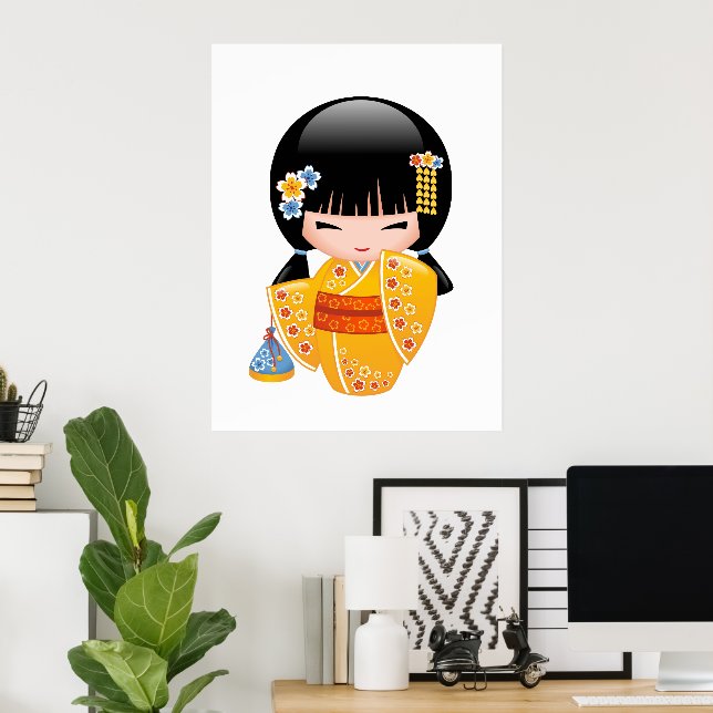 Póster Boneca Kokeshi de Verão - Garota Geisha com Quimon (Escritório em casa)