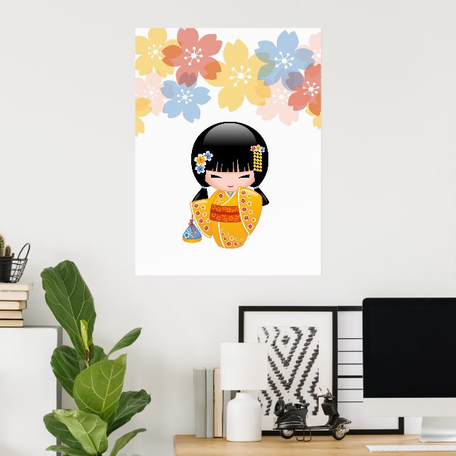 Póster Boneca Kokeshi de Verão - Garota Geisha com Quimon (Escritório em casa)