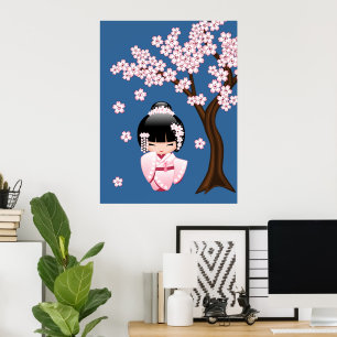 Poster Boneca Kokeshi Kawaii de Quimono Rosa em Azul