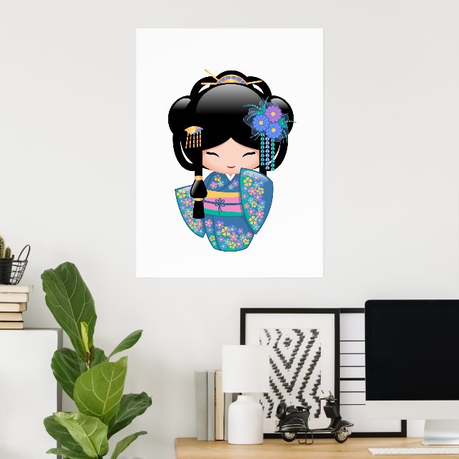Póster Boneca Kokeshi Keiko - Garota Geisha de Quimono Az (Escritório em casa)