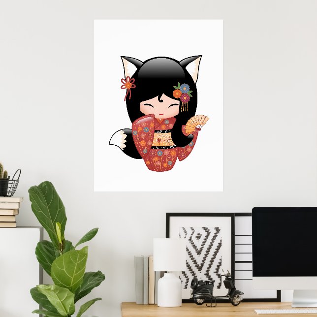 Póster Boneca Kokeshi Kitsune - Garota Geisha Raposa Pret (Escritório em casa)