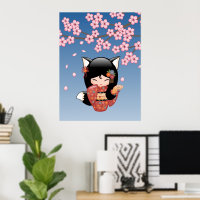 Boneca Kokeshi Kitsune - Garota Geisha Raposa Pret