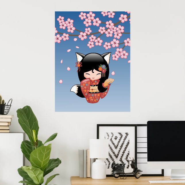 Póster Boneca Kokeshi Kitsune - Garota Geisha Raposa Pret (Escritório em casa)