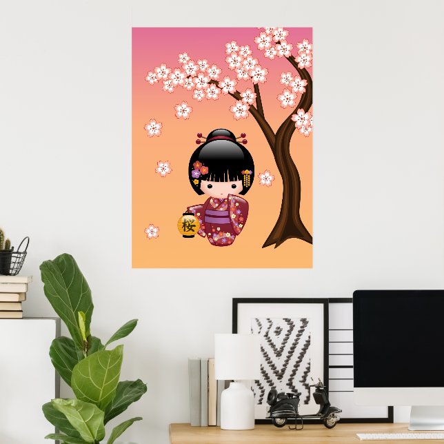 Póster Boneca Kokeshi Sakura - Garota Geisha no Pêssego (Escritório em casa)