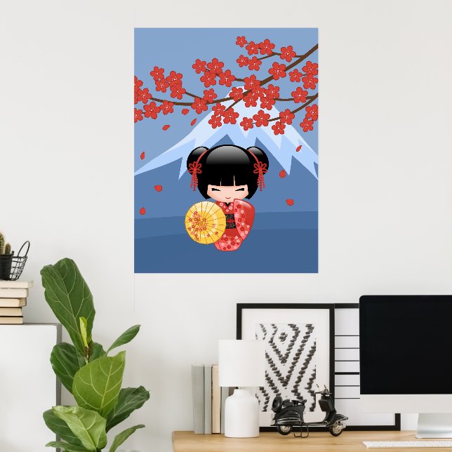 Póster Boneca Kokeshi Sakura Vermelha - Garota Geisha Fof (Escritório em casa)