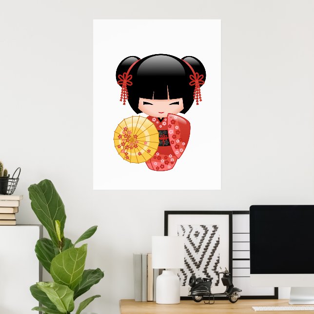Poster Boneca Kokeshi Sakura Vermelha - Garota Geisha Jap (Escritório em casa)