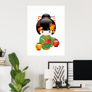 Póster Boneca Kokeshi verde Kimono Geisha