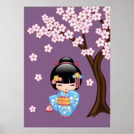 Póster Boneca Maiko Kokeshi - Rapariga Kimono Geisha Azul