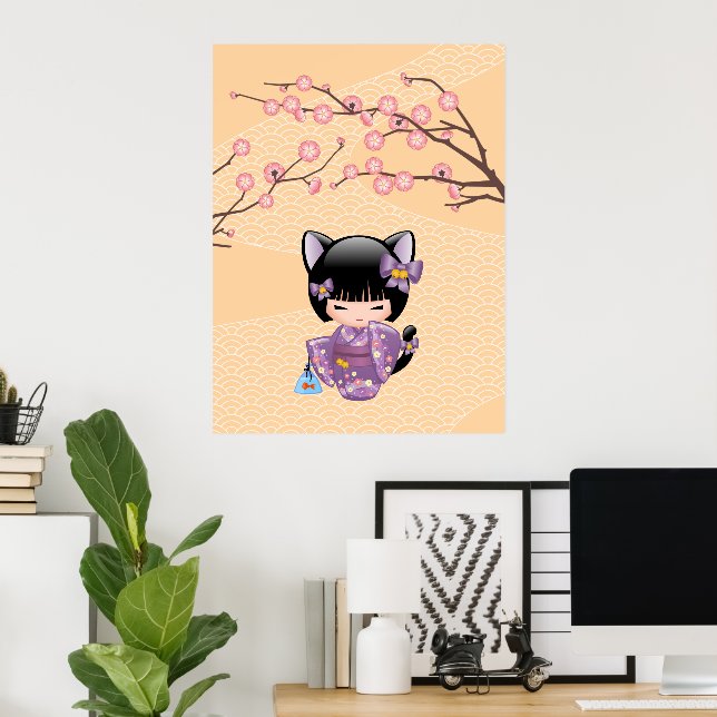 Póster Boneca Neko Kokeshi - Garota Geisha com Orelhas de (Escritório em casa)