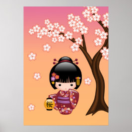 Póster Boneca Sakura Kokeshi - Garota Geisha em Pêssego
