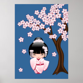Poster Boneca White Kimono Kokeshi - Garota Gisha Bonita