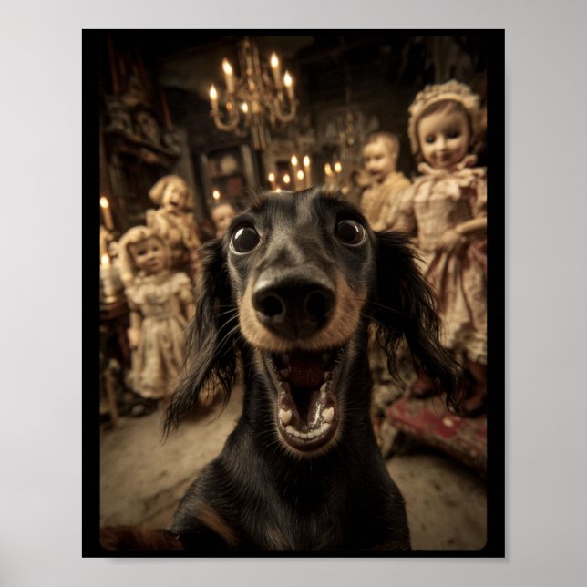 Poster Bonecas Engraçadas de Dachshund Selfie Assustadora (Frente)