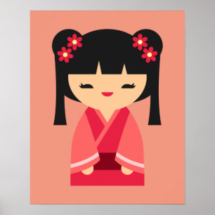 Poster Bonecas japonesas cor-de-rosa Kokeshi