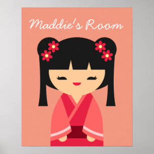 Poster Bonecas japonesas cor-de-rosa Kokeshi
