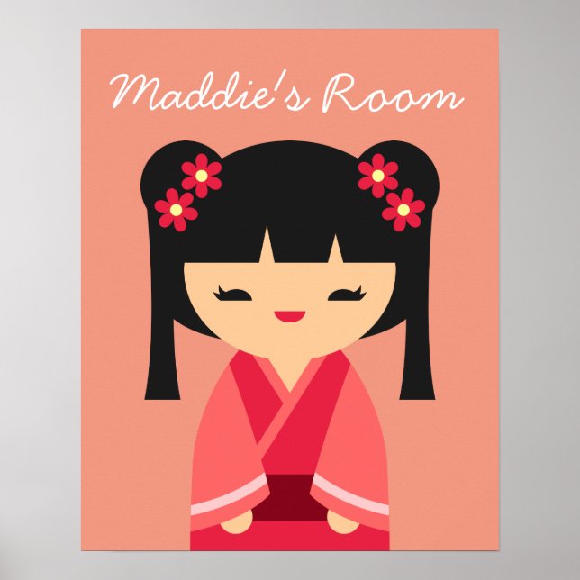 Poster Bonecas japonesas cor-de-rosa Kokeshi (Frente)