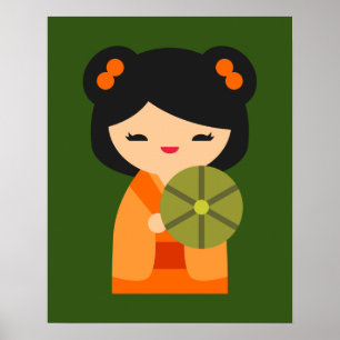 Poster Bonecas japonesas de laranja-branca Kokeshi