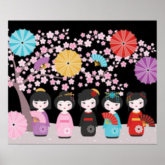 Poster Bonecas Kokeshi japonesas Black