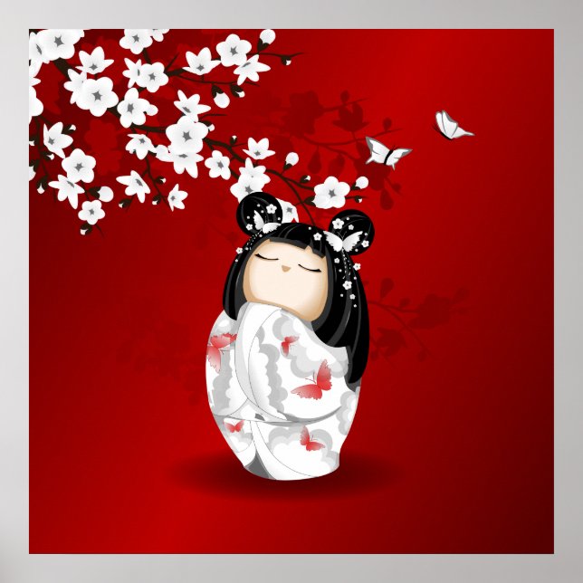 Poster Bonecas Kokeshi Red Black White Cherry Blossoms (Frente)
