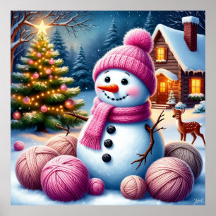 Poster Boneco de Neve Alegre ao Pé da Árvore de Natal em 