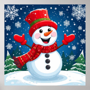 Poster Boneco de Neve Alegre com Cachecol e Chapéu Vermel