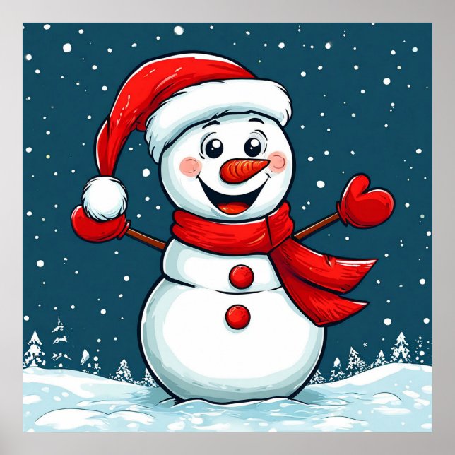 Poster Boneco de Neve Alegre com Chapéu de Papai Noel e C (Frente)