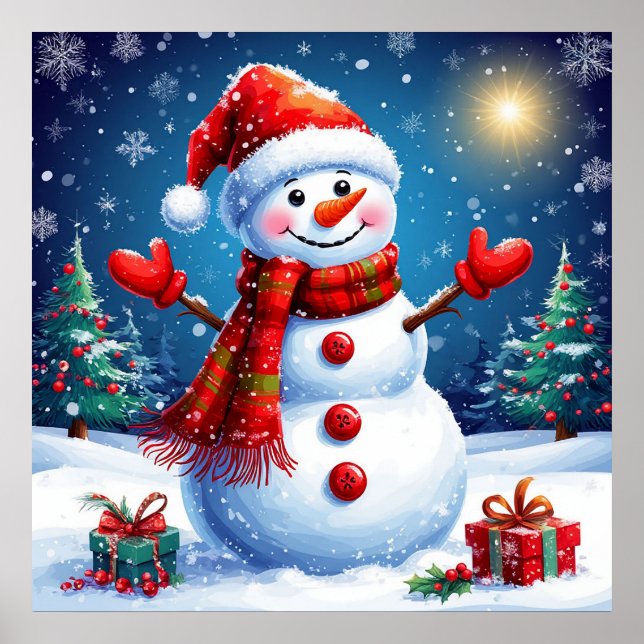 Poster Boneco de Neve Alegre Usando um Chapéu de Papai No (Frente)