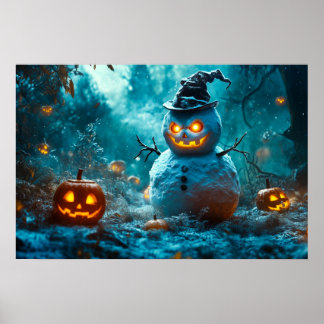 Poster Boneco de Neve Assustador de Halloween na Floresta