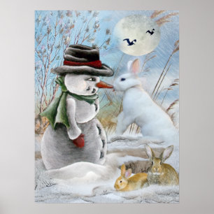 Póster boneco de neve e coelho que comem a cenoura