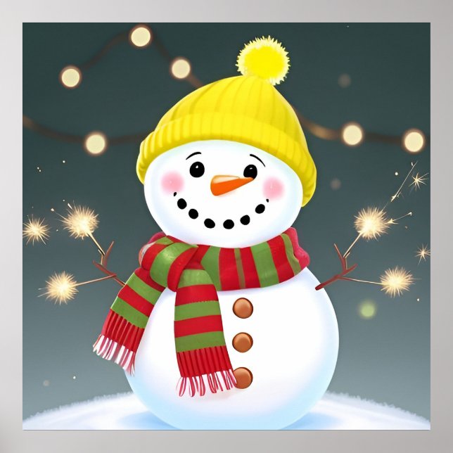 Poster Boneco de Neve Feliz com Velas Estrelantes e Chapé (Frente)